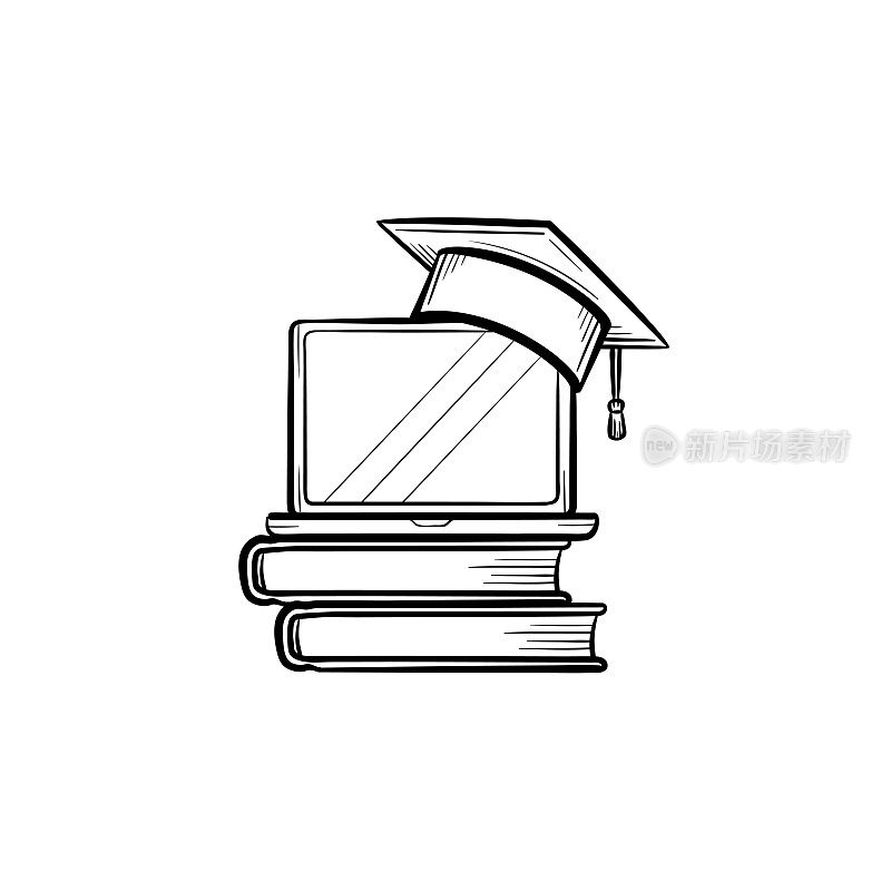 Graduation cap on book and laptop hand drawn icon